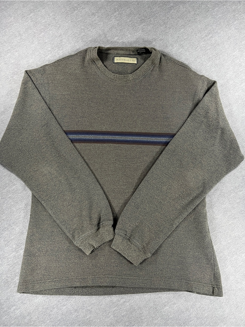 Naturalife Crewneck Sweater in Olive with Navy Stripe
